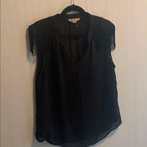 BCBG sheer blouse w/ shoulder fringe